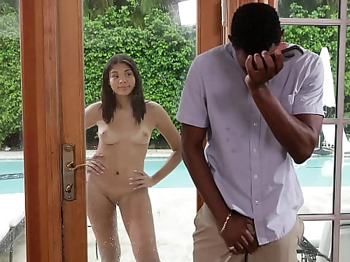 Nasty stepdad watches his black daughter-in-law masturbating by the pool