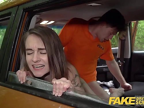 Faux Driving College Ultra-cute teen dark-haired pussy opened up