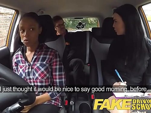 Faux Driving School big-titted dark-hued doll fails test with girly-girl examiner