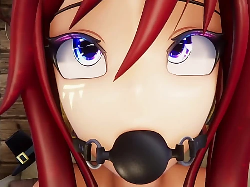 Hentai Vtuber Elfie Enjoy squirts w/ fake penis in ebony spandex suit and ball gag (3D / VRCHAT / MMD)