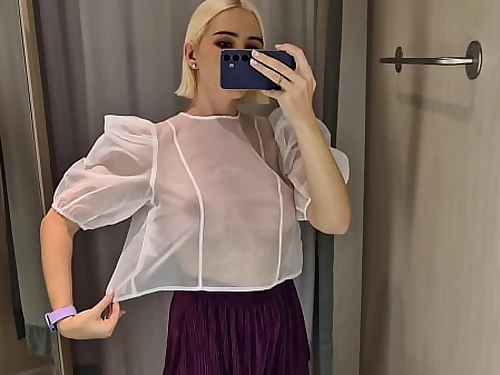 Let's attempt on semi-transparent clothes, fully see-through. In the mall. watch me in the fitting room